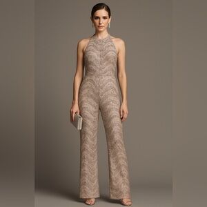 Valentino Runway Beaded Halter Jumpsuit – Blush Nude Couture Elegance – Size 6
